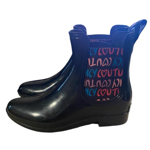 Juicy Couture Womens Rain Boots 7 Black Brand Spell Out Garden Waterproof - Picture 10 of 12
